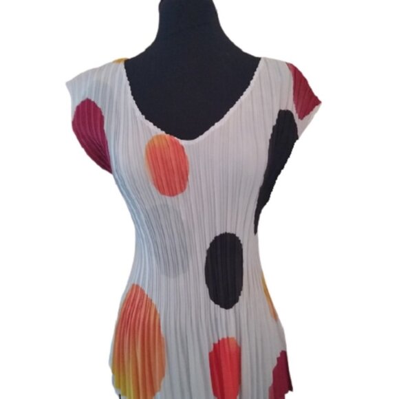 Milano Large Polka Dot Pleat Texture Career Blouse, White Multicolor, Size Large - Picture 1 of 6